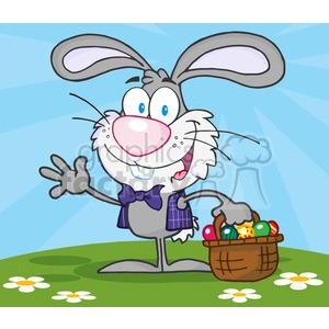 4734-Royalty-Free-RF-Copyright-Safe-Waving-Gray-Bunny-With-Easter-Eggs-And-Basket