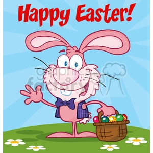 Royalty-Free-RF-Happy-Easter-Text-Above-A-Waving-Pink-Bunny-With-Easter-Eggs-And-Basket