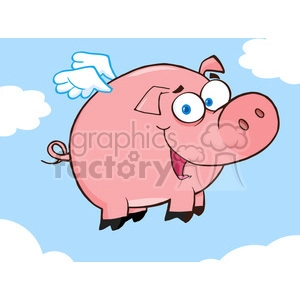 The clipart image features a whimsical drawing of a pig with a joyful expression, flying through the sky with small white wings. The pig is pink with a curly tail, and the backdrop is a clear blue sky with a few fluffy white clouds.