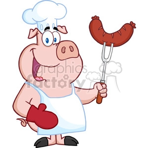 Happy Pig Chef Cartoon Mascot Character With Sausage On Fork