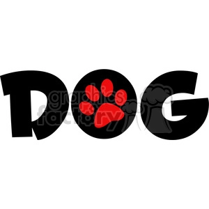 The image displays the word DOG arranged in large, bold, black letters. The middle of the letter O is replaced by a red dog paw print, which is integrated creatively to maintain the readability of the word.