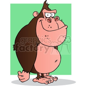 The image is a cartoon representation of a gorilla featuring exaggerated comical characteristics. It has a large, protruding belly and a playful expression on its face. The gorilla is standing upright with its hands and feet showing human-like features, such as fingers and toes with nails. The cartoon uses simple lines and bright colors to emphasize its humorous style.