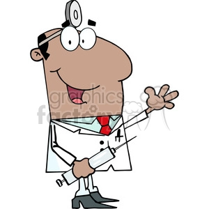 12851 RF Clipart Illustration African American Doctor Holding Syringe And Waving For Greetings