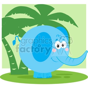 The clipart image features a comical, stylized blue elephant standing in a green environment, presumably a jungle or park, with large palm leaves in the background. The elephant appears happy and cartoonish, with prominent white eyes with black pupils, a long curvy trunk, and a stubby tail with a hair tuft at the end. It also has a big, friendly smile, rosy cheeks, and is portrayed with a round, exaggerated body shape. The elephant stands on a green patch that could be interpreted as grass.