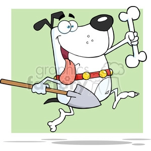 The image is a clipart that features a comical cartoon dog. It has a long pink tongue hanging out and is wearing a red collar with yellow accents. The cartoon dog is depicted in a dynamic and funny pose, holding onto a bone with one paw and a shovel with the other. It seems as if the dog is either about to dig a hole or has just finished digging one to perhaps hide the bone.