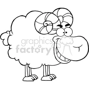 The clipart image depicts a cartoon ram. It's a humorous and exaggerated drawing, featuring a large fluffy body, oversized spiral horns, a big smiling mouth, and a comical facial expression with crossed eyes, indicating a goofy or silly character.