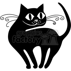 The image shows a stylized black and white clipart of a cat. The cat is depicted with prominent, large eyes and decorative whiskers, featuring a black body with white accents that highlight its facial features.