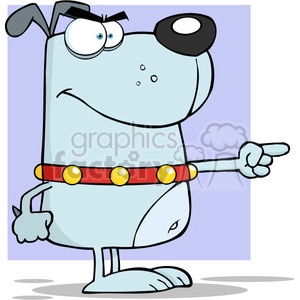 The clipart image features a comical and stylized cartoon dog. The dog appears to be anthropomorphic, standing on its hind legs, with one arm extended as if pointing at something. It has a somewhat grumpy or annoyed expression. The dog is wearing a red collar with yellow spots, which resembles a traditional cartoon dog collar.