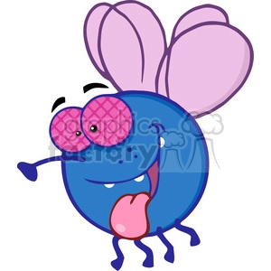 This clipart image features a whimsical, cartoonish representation of a fly. The fly is characterized by a large, round blue body with two pink wings on its back. Its face is depicted with big, comical checkered eyes covered by pink, and it has a playfully protruding tongue that adds to the humorous effect. The character of the fly is given a relaxed, playful personality through its facial expression and posture.