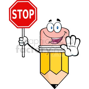 5896 Royalty Free Clip Art Happy Pencil Character Holding A Stop Sign