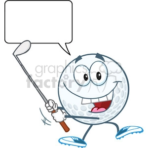 5734 Royalty Free Clip Art Happy Golf Ball Swinging A Golf Club With Speech Bubble
