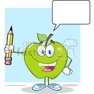 5789 Royalty Free Clip Art Happy Green Apple Holding Up A Pencil With Speech Bubble