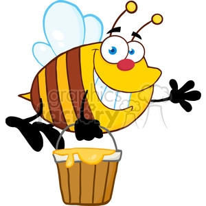 5577 Royalty Free Clip Art Smiling Bee Flying With A Honey Bucket And Waving For Greeting