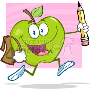 5804 Royalty Free Clip Art Happy Green Apple Character With School Bag And Pencil Goes To School