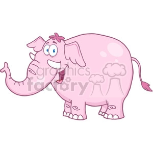 The image is a cartoon representation of a pink elephant standing upright with a playful expression. The elephant has a prominent, curved trunk, large ears, and appears to be smiling with a wide-open mouth. It also has a small flower-shaped tuft of hair on the top of its head, big blue eyes, a blushing cheek, and a tuft on the end of its tail.