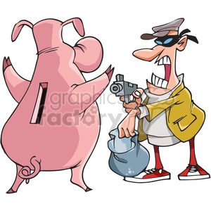 The clipart image depicts a criminal or robber, identified by a black mask covering their face, stealing money from a piggy bank. The image conveys the idea of theft or robbery from a small savings container such as a piggy bank, which could be interpreted as a symbol of personal finance or childhood savings.
