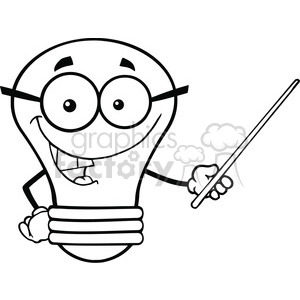 6165 Royalty Free Clip Art Light Bulb Character With Glasses Holding A Pointer