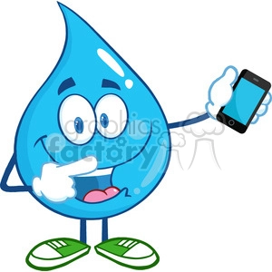 6232 Royalty Free Clip Art Water Drop Character Pointing To A Mobile Phone