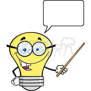 6167 Royalty Free Clip Art Smiling Light Bulb Character With A Pointer And Speech Bubble