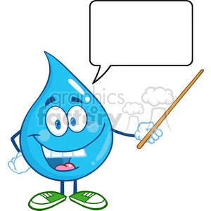 6221 Royalty Free Clip Art Water Drop Character Holding A Pointer With Speech Bubble