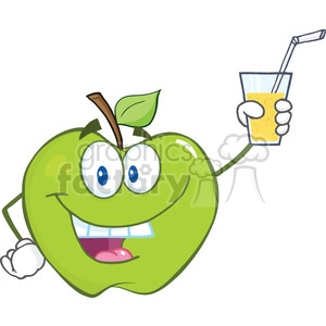 6529 Royalty Free Clip Art Smiling Green Apple Cartoon Character Holding A Glass With Drink