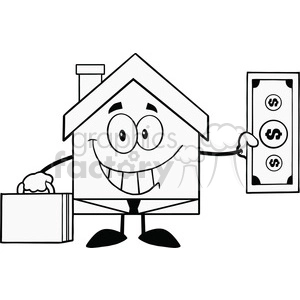 6451 Royalty Free Clip Art Black and White Smiling House Businessman Carrying A Briefcase And Showing A Dollar Bill