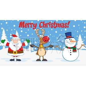 6682 Royalty Free Clip Art Merry Christmas Greeting With Santa Claus,Rudolph Reindeer And Snowman