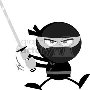 Royalty Free RF Clipart Illustration Angry Ninja Warrior Jumping With Katana Flat Design In Gray Color
