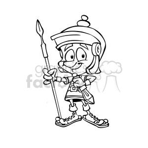 The clipart image depicts a comical, cartoon-style black and white drawing of a Roman soldier or warrior. The soldier is shown wearing a helmet with a plume on top, carrying a shield, and holding a spear or javelin. The exaggerated facial features and body proportions give the image a humorous quality.
