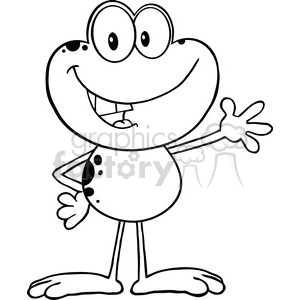 Royalty Free RF Clipart Illustration Black And White Cute Frog Cartoon Mascot Character Waving For Greeting