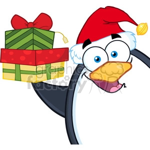 The clipart image features a cartoon penguin wearing a Santa hat and holding a stack of colorful Christmas presents. The penguin appears to be cheerful and excited, which adds a humorous and festive touch to the image.