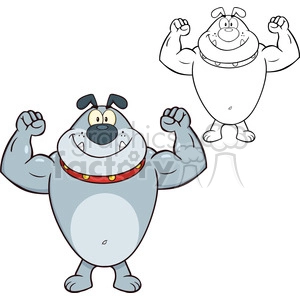 The clipart image features a pair of cartoon dogs depicted in a humorous manner to portray the theme of fitness and exercise. The dog in the foreground is drawn with exaggeratedly large, muscular arms and a smiling facial expression, suggesting that it is strong and fit. The dog is wearing a red collar with yellow details. In the background, there is an outline of the same dog but in a thinner and more fit version, emphasizing the transformation or goal of the fitness journey.