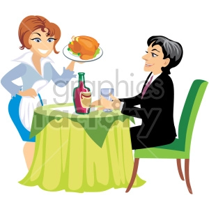The clipart image showcases a dining scene featuring two main characters: a waitress and a customer. The waitress, with a friendly smile, is serving a roasted chicken meal on a plate. She is dressed in a traditional waitress outfit, complete with a white blouse, blue skirt, and an apron. The customer appears content and is dressed in formal business attire, indicating that this might be a business lunch or dinner. The setting includes a dining table with a green tablecloth, a bottle of wine with a label, and a glass which the customer is holding.