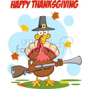 The image depicts a cartoon turkey wearing a pilgrim hat and holding a gun. The turkey stands in a field with autumn leaves falling around, and the text HAPPY THANKSGIVING is displayed prominently at the top of the image. The cartoon is colorful and has a humorous tone.