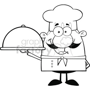 The clipart image depicts a cartoon chef holding a serving cloche or dish cover, likely ready to present a meal. The chef is wearing a traditional chef's uniform, including a toque (chef's hat), a double-breasted jacket, and an apron. The chef has a mustache and a friendly expression, suggesting a welcoming and hospitable demeanor often associated with those in the culinary profession.