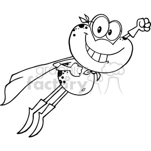 The clipart image features a humorous and whimsical drawing of a frog. The frog is characterized by exaggerated facial features, including large, bulging eyes and a broad smiling mouth. It is wearing a cape, suggesting a superhero motif, and possesses stylized limbs