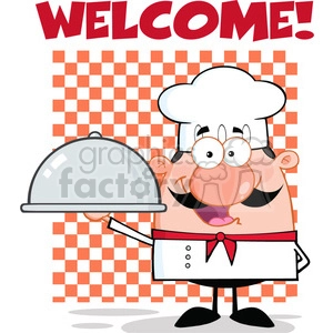 6838_Royalty_Free_Clip_Art_Happy_Chef_Cartoon_Character_Holding_A_Platter_Label