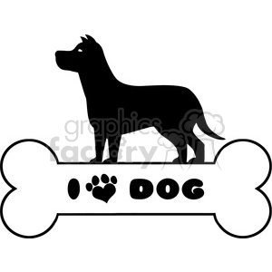 Royalty Free RF Clipart Illustration Dog Black Silhouette Over Bone With Text And Love Paw Print Vector Illustration Isolated On White Background