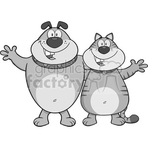 The image is a black and white clipart featuring a cartoon dog and cat standing side by side, smiling and waving. The dog appears to be grey with a darker grey spot and wears a collar with tags. The cat is marked with stripes that suggest a grey color as well and is wearing a collar.