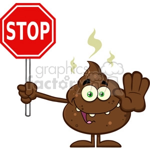 royalty free rf clipart illustration smiling poop cartoon mascot character gesturing and holding a stop sign vector illustration isolated on white