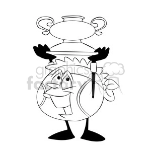 terry the tennis ball cartoon character holding a trophy black white