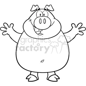 Royalty Free RF Clipart Illustration Black And White Happy Pig Cartoon Mascot Character Open Arms For Hugging