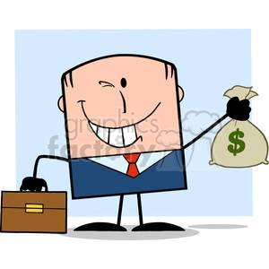 Royalty Free RF Clipart Illustration Winking Businessman With Briefcase Holding A Money Bag Cartoon Character On Background