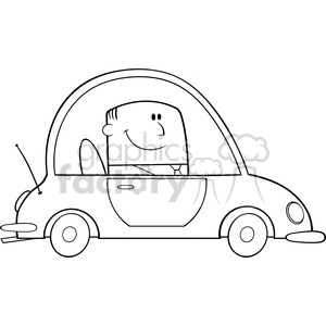 Royalty Free RF Clipart Illustration Black And White Businessman Driving Car To Work Cartoon Character