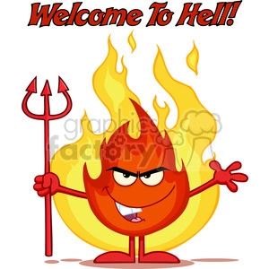 Royalty Free RF Clipart Illustration Evil Fire Cartoon Mascot Character Holding Up A Pitchfork In Front Of Flames With Text