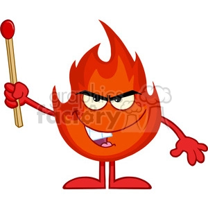 Royalty Free RF Clipart Illustration Evil Fire Cartoon Mascot Character Holding Up A Match Stick