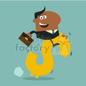 8290 Royalty Free RF Clipart Illustration Happy African American Manager Riding On A Hopping Dollar Symbol Flat Design Style Vector Illustration