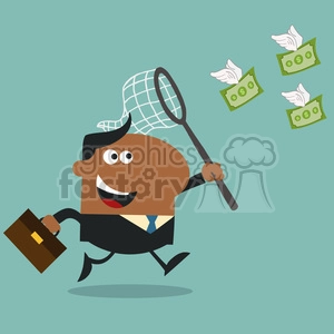 8298 Royalty Free RF Clipart Illustration African American Manager Chasing Flying Money With A Net Flat Design Style Vector Illustration