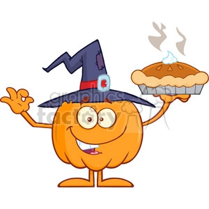8894 Royalty Free RF Clipart Illustration Smiling Witch Pumpkin Cartoon Character Holding Up A Pie Vector Illustration Isolated On White