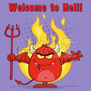 8965 Royalty Free RF Clipart Illustration Evil Red Devil Cartoon Character Character Holding A Pitchfork Over Flames Vector Illustration With Text